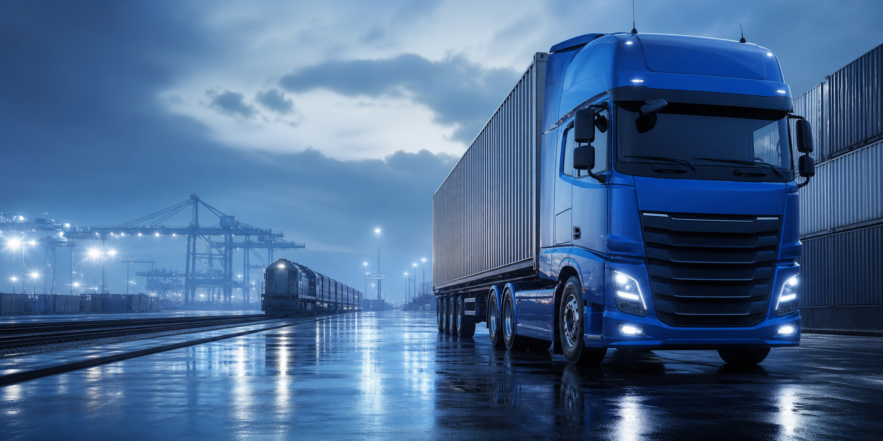 Kobalt renkli tır ve intermodal lojistik terminali